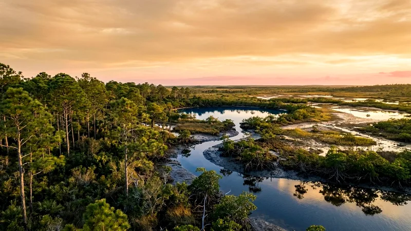 Andros Island mangrove flats and pine forest with a blue hole at golden hour.