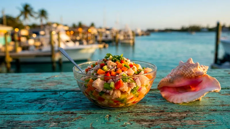 Bowl of fresh conch salad beside a pink conch shell on a wooden table.