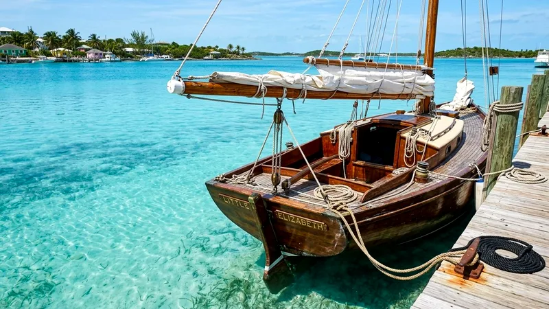Traditional wooden sailing sloop moored in clear turquoise water at a dock.